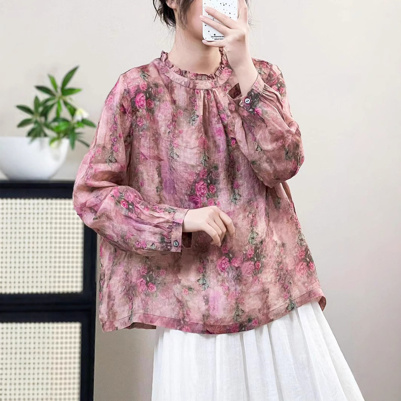Spring 2025 New Artistic Style Shirt Floral Loose Contrast Color Long Sleeve Llace Collar Pullover Casual Comfortable Top
