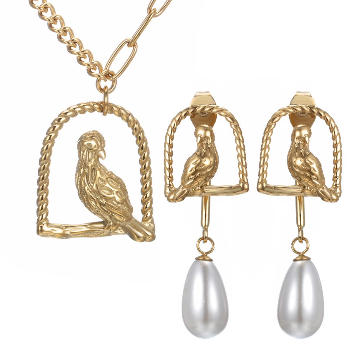 Xuping periquito pájaro jaula de pájaro collar de orejas dos piezas de aretes de moda europea y americana collar de perlas de otoño y invierno conjunto