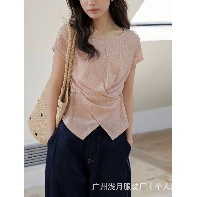 Mixbao Relaxed Pink Twist-Tie T-Shirt for Women, Summer Short Style with Irregular Hem, Short-Sleeved Round-Neck Top Mixbao Relaxed Pink Twist-Tie T-Shirt for Women, Summer Short Style with Irregular Hem, Short-Sleeved Round-Neck Top