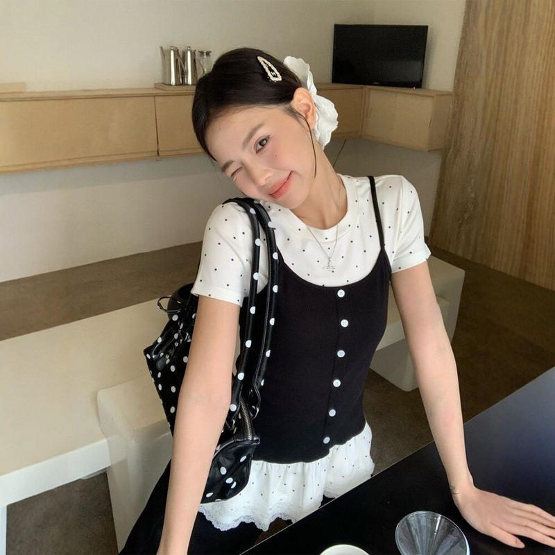 【210G 40-Count Fine Cotton】Fake Two-Piece Regular Shoulder Short-Sleeve T-Shirt for Women, Summer Ballet Style Slim Fit Polka Dot Top Trendy 【210G 40-Count Fine Cotton】Fake Two-Piece Regular Shoulder Short-Sleeve T-Shirt for Women, Summer Ballet Style Slim Fit Polka Dot Top Trendy