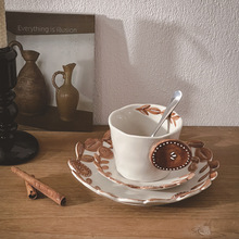 釉下彩手绘仿真花卉树叶陶瓷咖啡杯碟套装日式中古风格杯子带碟子