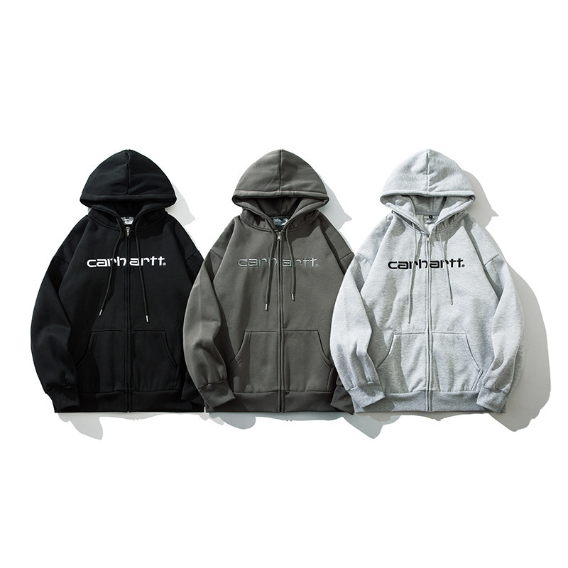 2025Carh Carhartt Trendy Brand Velvet Hooded Zipper Cardigan Stereo Embroidered Sweatshirt Cross-Border Men's and Women's Jacket