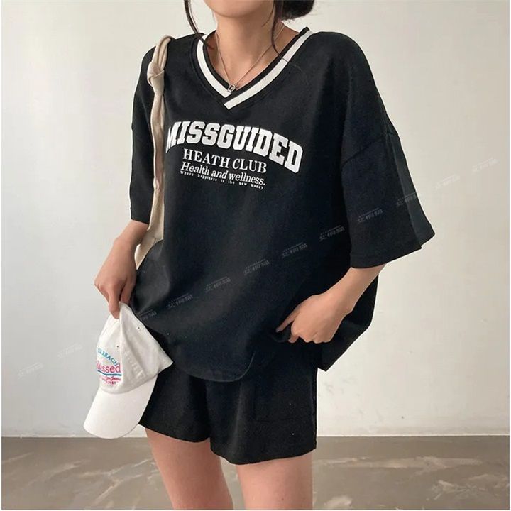 2025 New V Neck Suit Women's Casual Loose Short-Sleeved Shorts Two-Piece Korean Style Trendy Summer Sportswear