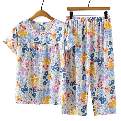 Middle-aged and elderly women's cotton silk pajama sets, artificial cotton mom's short-sleeved capri pants, cotton silk homewear for summer