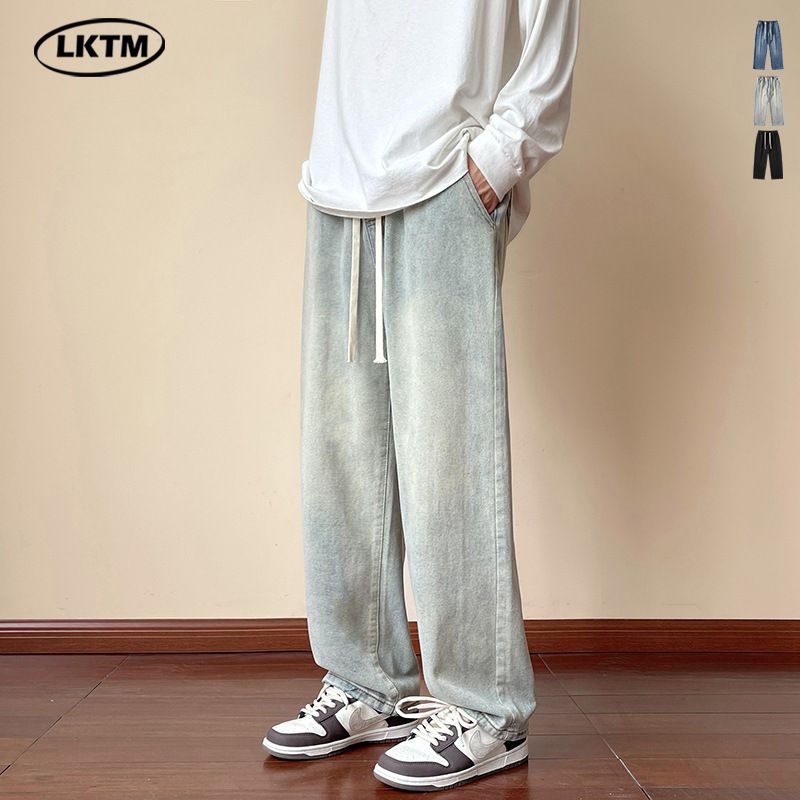 LKTM Men's Wear # Yellow Mud Dyeing American High Street Jeans Pantalones de pierna recta sueltos con cintura elástica de marca de moda para hombres
