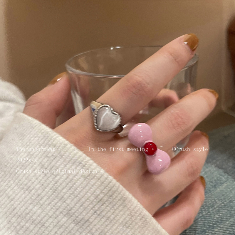 Bow Heart Moonstone Ring Women's Y2K Dopamine Niche Design Index Finger Ring Cute Childlike Ring