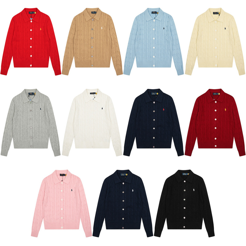 (High Quality) Scan the Qr Code~Raff Rl Pony Embroidered Lapel Twist Knitted Cardigan Long-Sleeved Men's and Women's Sweaters