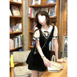 学院风连衣裙假两件女学生夏季小个子领拼接收腰显高显短裙