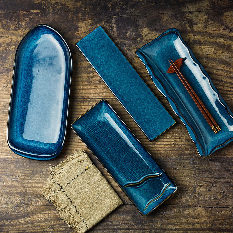 Placa de cerámica del hogar de estilo japonés horno azul esmalte sushi Placa de pescado placa mayoristas vajilla de cerámica placa larga