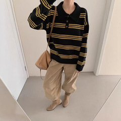 秋季新款POLO领毛衣女韩系撞色条纹套头针织衫时尚百搭慵懒风女装