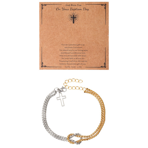 Eurasian new stainless steel gold square bead cross double chain bracelet for men and women, wholesale jewelry