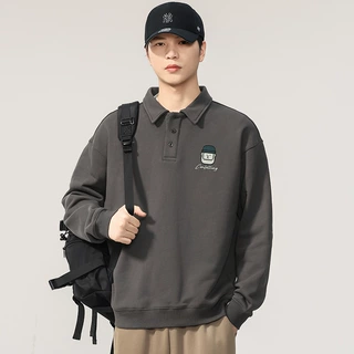 大码男装秋季新品360克纯棉长袖polo衫简约宽松百搭印花上衣P7101