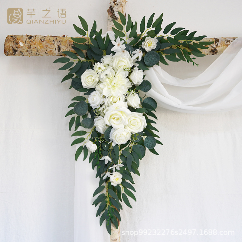 新款手工制作手工绢花仿真门楣拱门花白色玫瑰婚礼户外活动装饰背