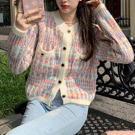 彩虹条纹复古小香风2025秋冬新款外套女长袖撞色毛衣针织开衫女装
