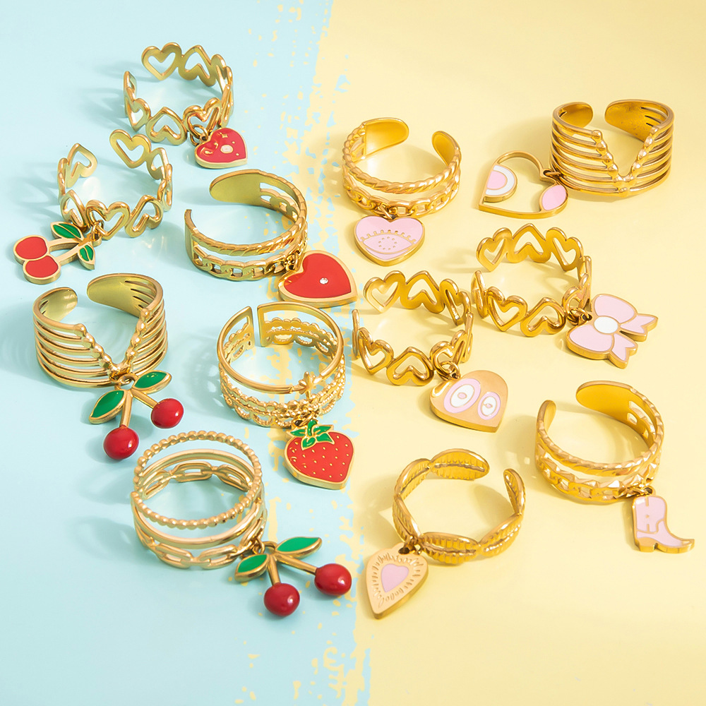 6g Weight Open Rings Classification Adjustable Ring Size 1 Piece Quantity Casual, Daily Occasion 304 Stainless Steel Material Fruit, Heart Shape Pattern Women's Gender Enamel, Plating Design Sweet, Simple Style Style Gold Color Sweet Simple Style Fruit Heart Shape 304 Stainless Steel Enamel Plating Women's Open Rings 无