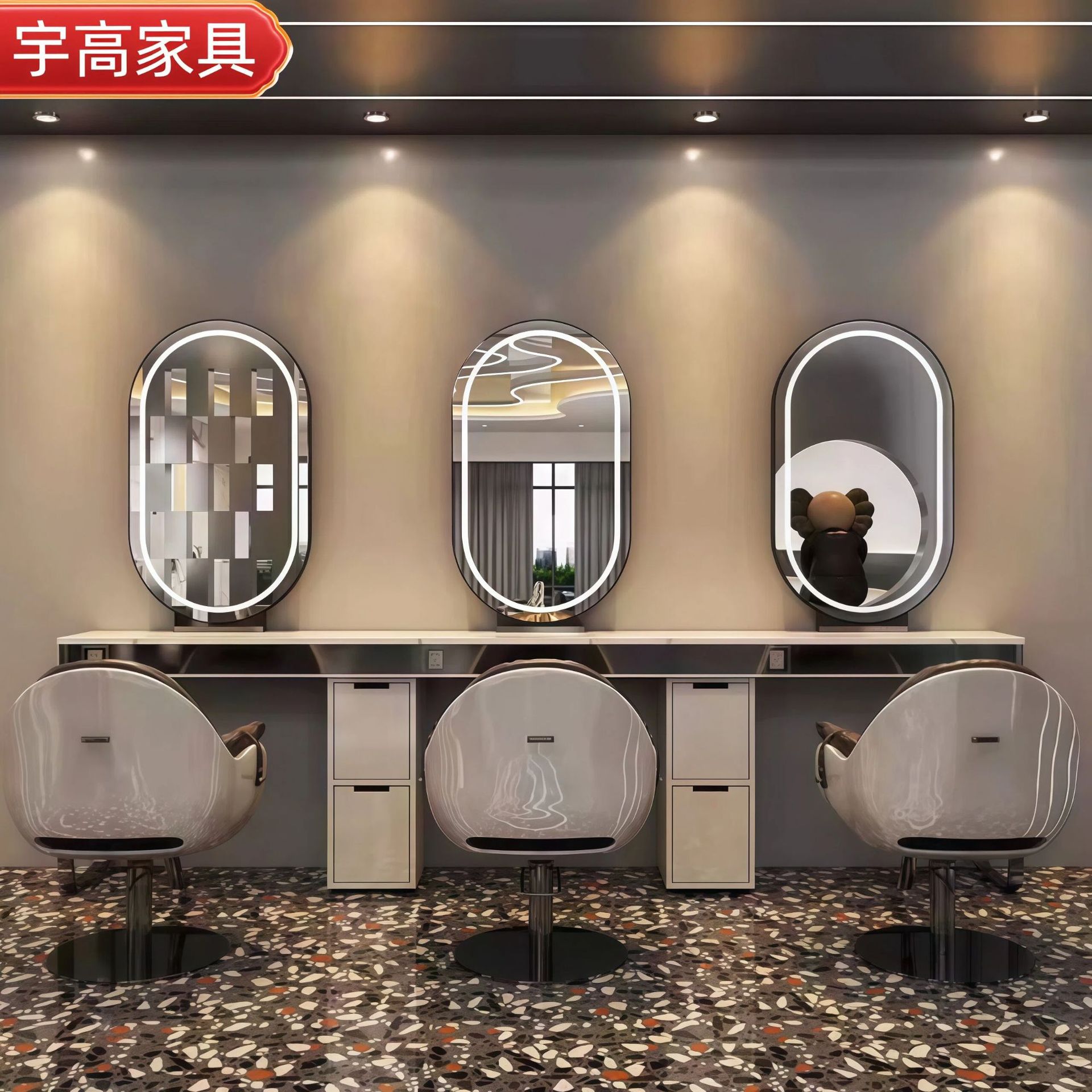理发店镜台美发单双面烫染剪发镜柜子不锈钢发廊专用大理石烫染桌