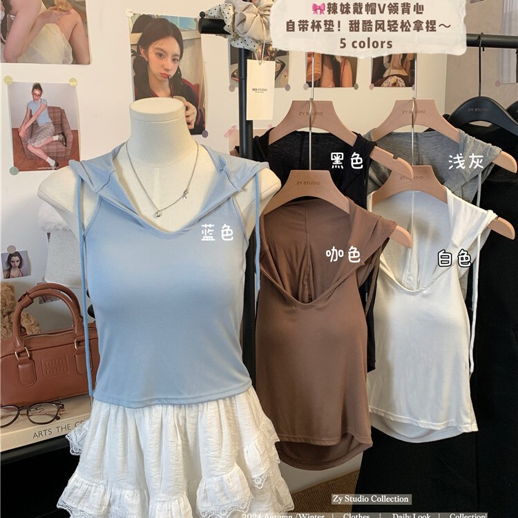 6895 American Style Spicy Hooded Sleeveless Backless V-neck Top Spring and Summer Slim-fit Slimming Short Outer Wear T-shirt with Chest Pad