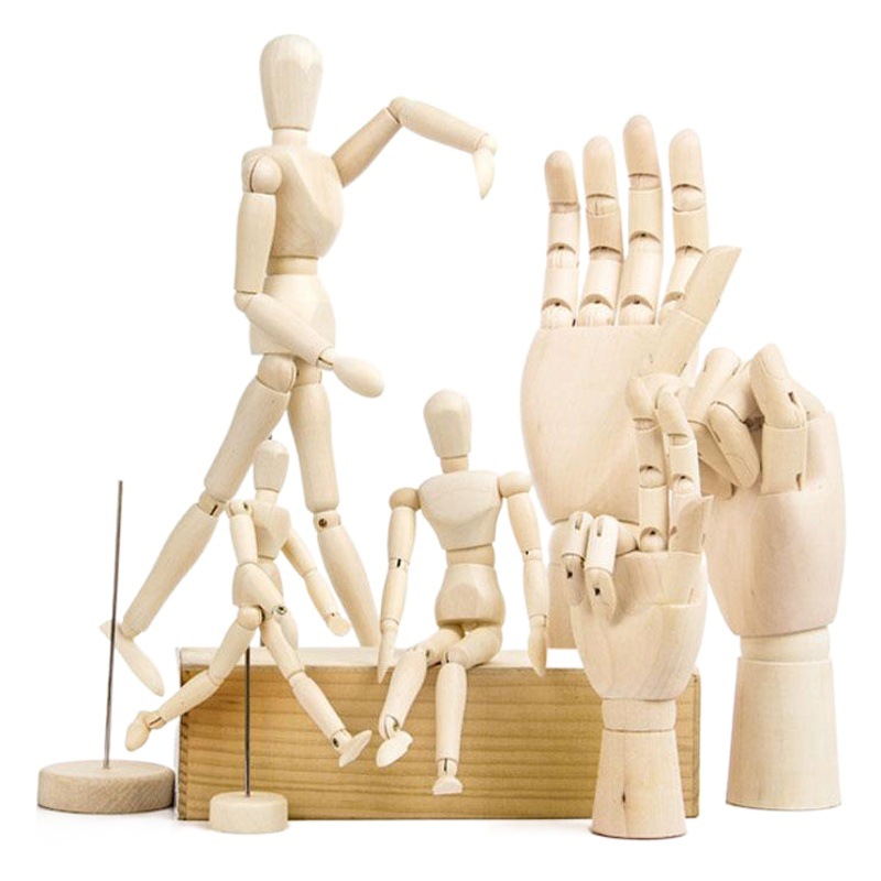 Mano de madera dibujos animados marioneta hecha a mano en forma de hombre loto madera móvil mano de madera bosquejo modelo conjunto pintura adornos de madera
