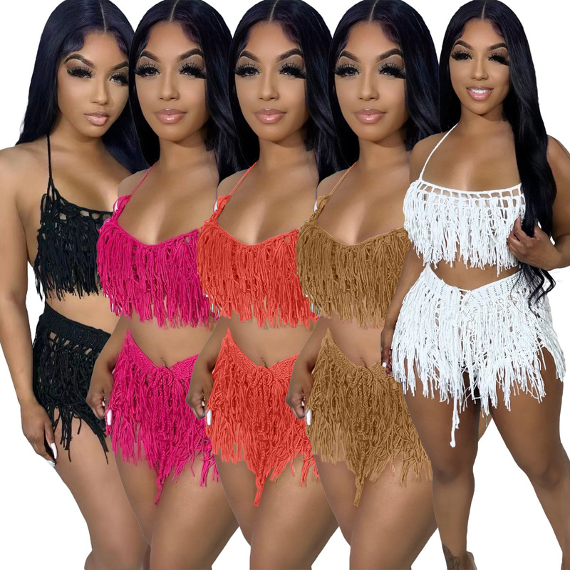NY8141 Amazon European and American Urban Supply Sexy Perspective Knitted Hand Hook Tassel Beach Shorts Set NY8141 Amazon European and American Urban Supply Sexy Perspective Knitted Hand Hook Tassel Beach Shorts Set