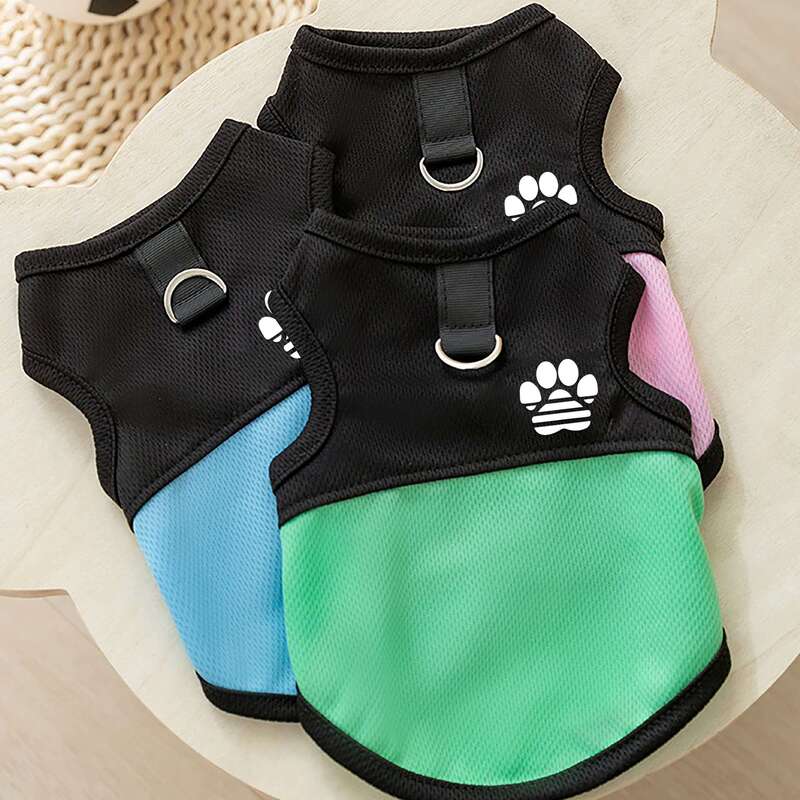 Spring and Summer Pet Mesh Vest Dog Paw Print Flower Traction D-Ring Dog Cat Clothes