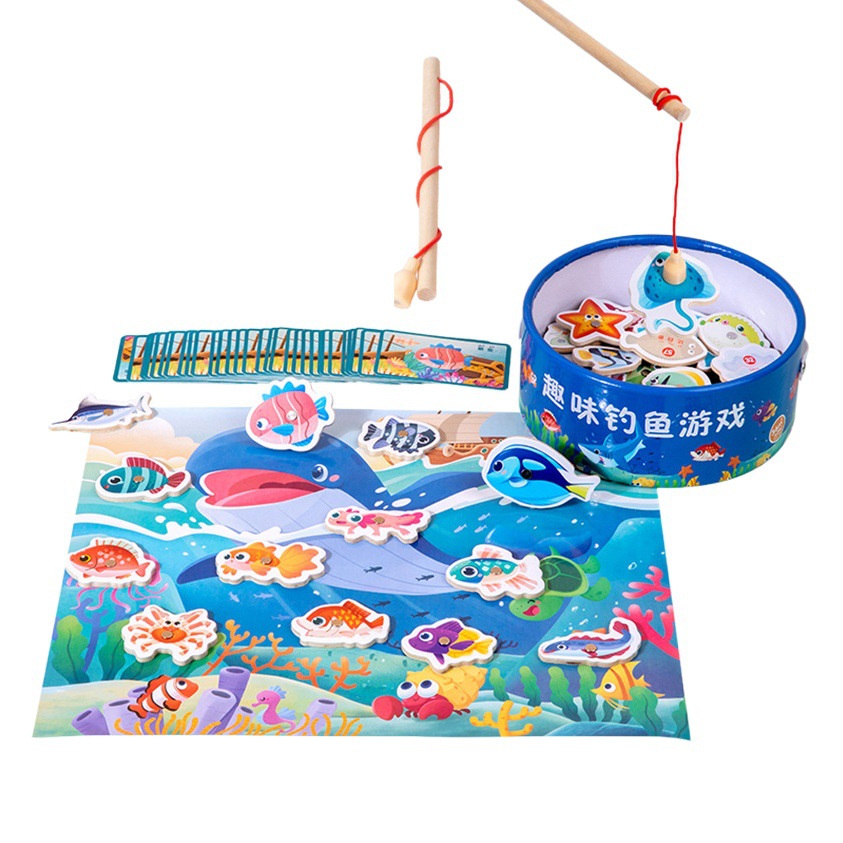 Juguetes de pesca marina de barril transfronterizos Educación temprana para niños, cognición, diversión magnética, juegos para padres e hijos de peces pequeños al por mayor
