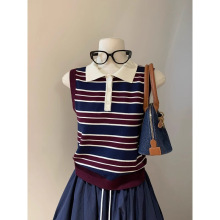 polo领撞色条纹针织吊带上衣女夏季小众坎肩时尚减龄纽扣无袖背心