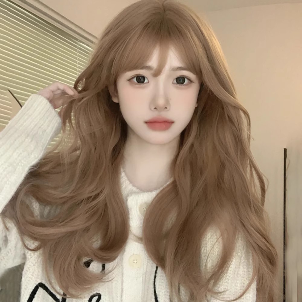 Zicen Wig, Female Long Hair, Curly Hair, Big Wave, Milk Tea Color, Slightly Curled Long Hair, Natural Fluffy, Full Head, Full Top Hair