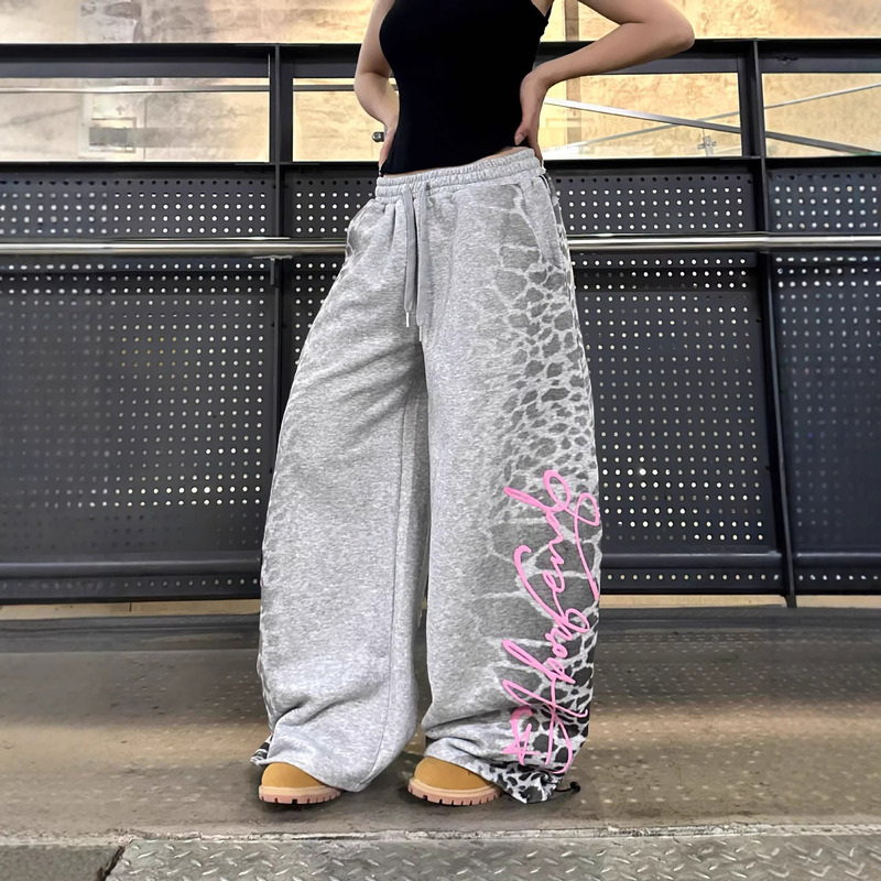 American Retro Leopard Print Letter Print Jogger Pants Unisex Loose Fit Versatile Casual Pants Ins Gray