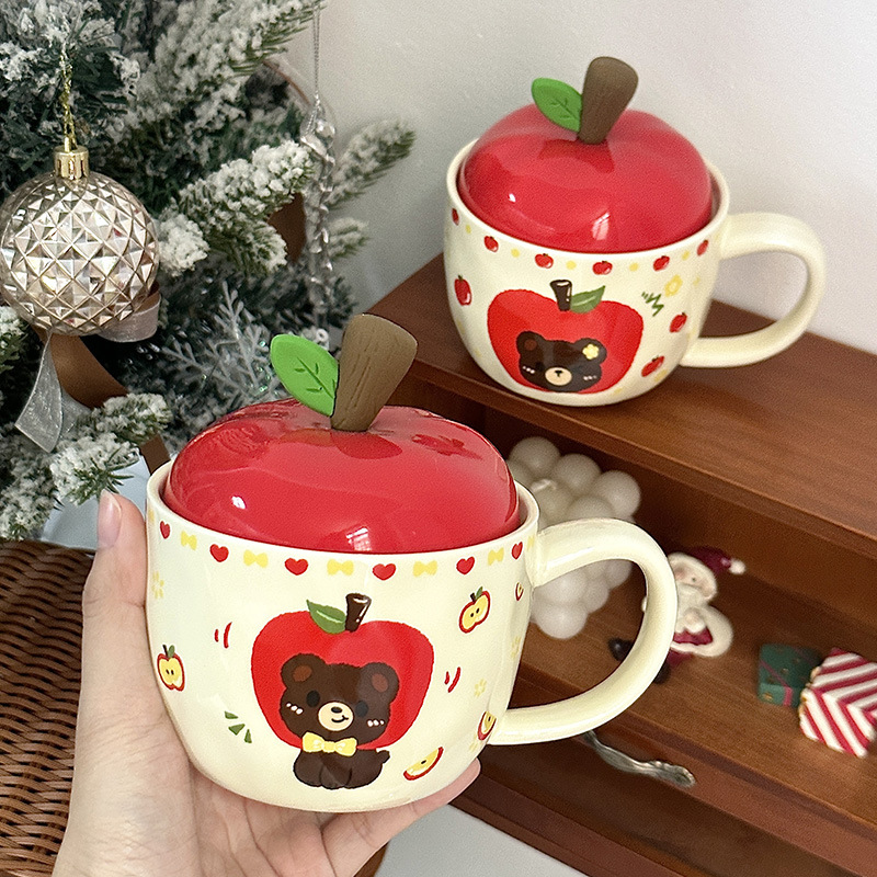Taza de cerámica de manzana creativa Taza con tapa Regalo de cumpleaños Taza de bebida para niñas Taza retro con regalo festivo