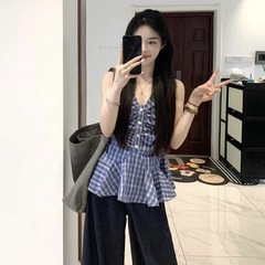 韓国スタイルのホルターネック V ネックノースリーブキャミソール女性の夏の新しいデザインウエスト気質チェック柄シャツトップ