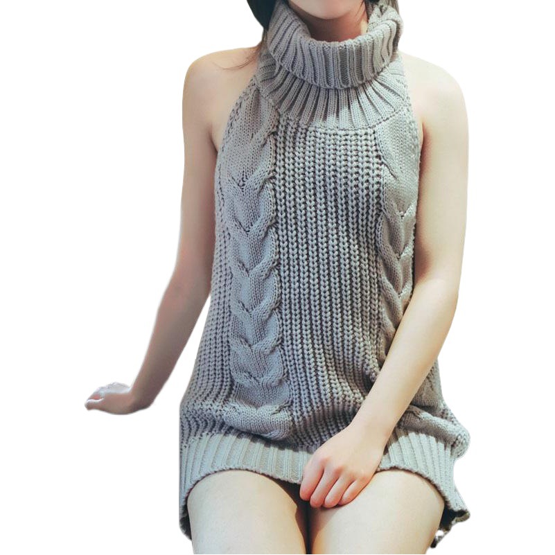 2025 春と秋のセクシーな背中の開いたセータータートルネックノースリーブニットプルオーバートップ女の子団子 cos1369-1