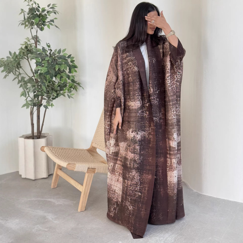 Abaya Women's Printed Cardigan Pleated Loose Plus-Size Coat Robe