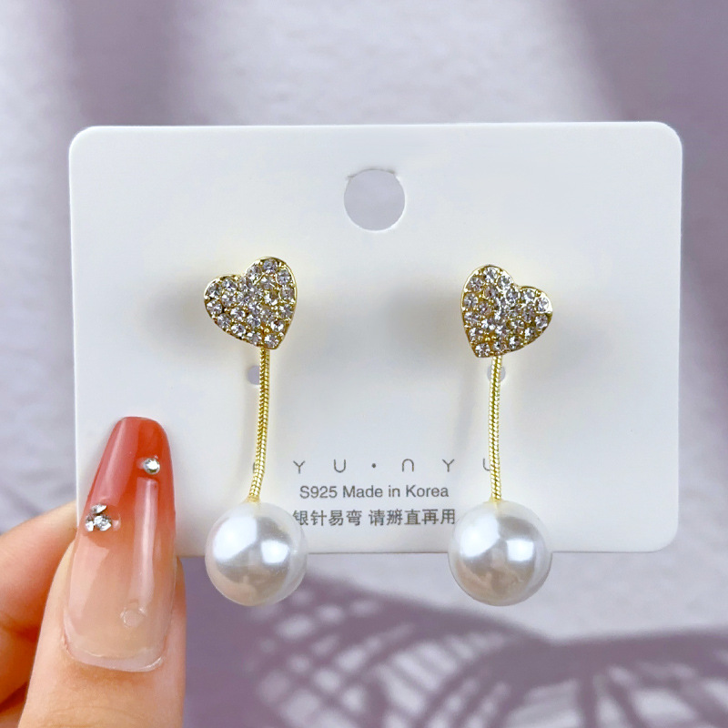 Xiaoxiangfeng Pendientes de perlas de dos prendas Pendientes de alta calidad de temperamento de moda Pendientes de amor Pendientes de borla Accesorios
