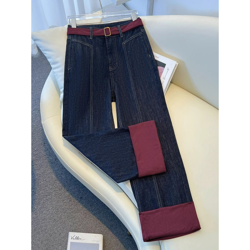 대조적 인 색상 스티칭 청바지 여성의 2024 년 겨울 새 플러스 사이즈 느슨한 직선 다리 바지 기모 높은 허리 슬리밍 넓은 다리 바지