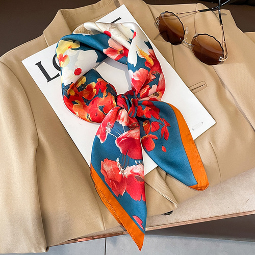 Printed silk scarf for women  spring and autumn fashion imitation silk 70 small square scarf women's shawl decorative scarf sun protection
