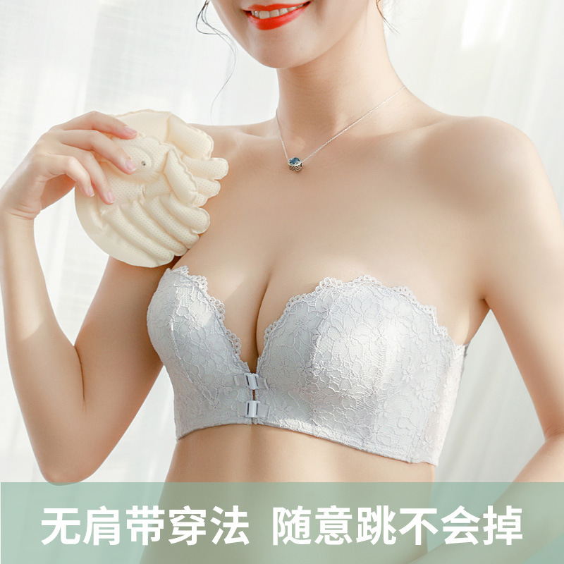 春と夏のフロントバックルストラップレスエアクッションなしスチールリング下着小さな胸プッシュアップ目に見えないブラジャー卸売|undefined