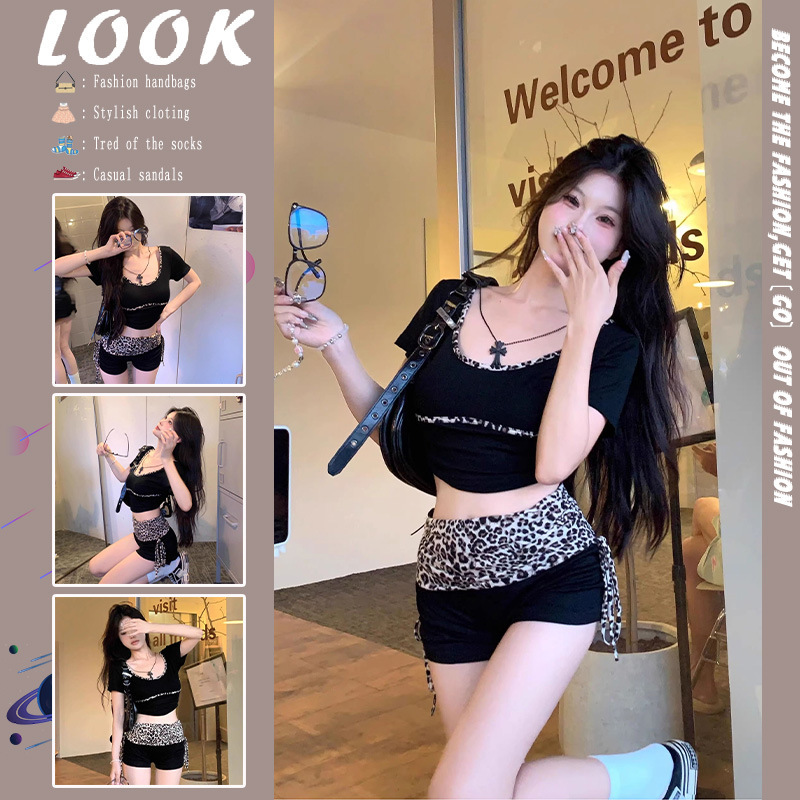 2026 Summer New Sweet and Spicy Style Leopard Print Short Sleeve T-Shirt and Low-Waist Tie-Up Shorts Two-Piece Set with Elegant Design 2026 Summer New Sweet and Spicy Style Leopard Print Short Sleeve T-Shirt and Low-Waist Tie-Up Shorts Two-Piece Set with Elegant Design