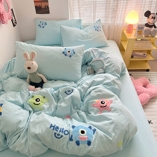 Ins Towel Embroidered Washed Cotton Bed Four-Piece Bed Bed Sheets Quilt Cover Bed Bed Sheets Single Student Dormitory Three-Piece Bedding Set