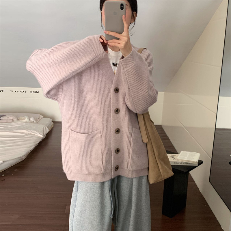 V领纯色毛衣开衫女秋冬季新款高级感加厚宽松慵懒风针织外套上衣|undefined