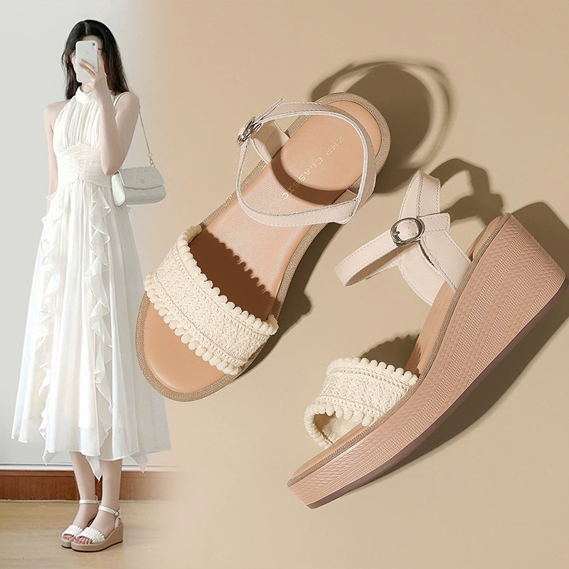 Женские босоножки ZHR из натуральной кожи на танкетке 6 см, новая мода 2025 года, элегантные, универсальные, дышащие, на толстой подошве