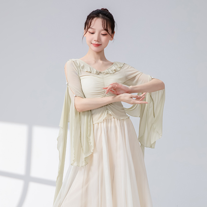 女性用クラシックダンス練習服、メッシュリボン、フリル、新しいスプライシングパフォーマンス服、トップス、エレガントな中国舞踊服|undefined