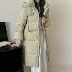 连帽中长款羽绒服女2025冬季新款时尚设计感大口袋保暖宽松外套潮
