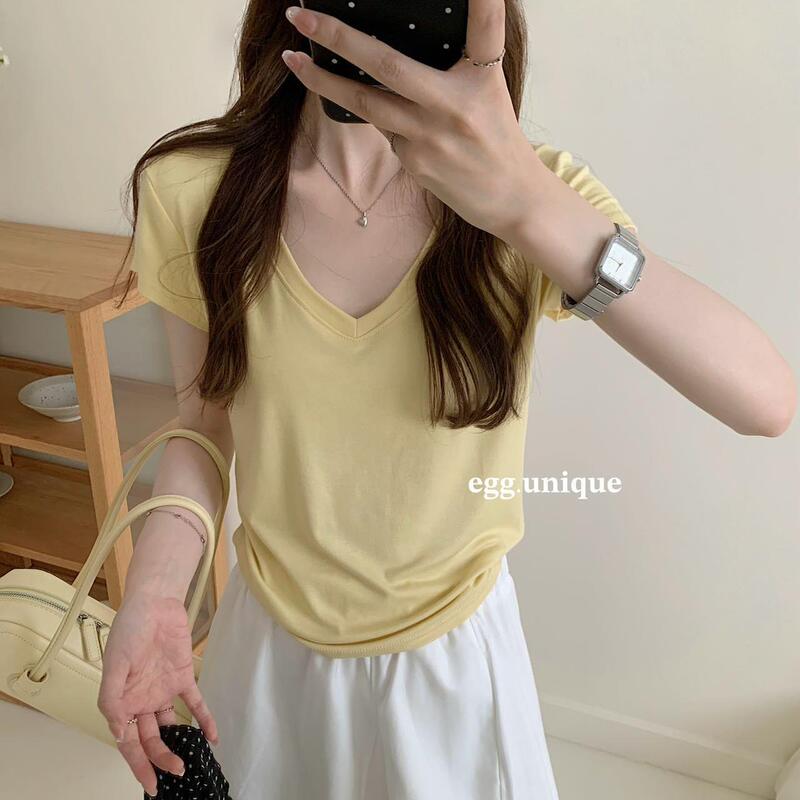 egg.unique Nai Fu T Korean version Morandi 12-color short-sleeve V-neck slim-fit waist top with regular shoulders for girls egg.unique Nai Fu T Korean version Morandi 12-color short-sleeve V-neck slim-fit waist top with regular shoulders for girls