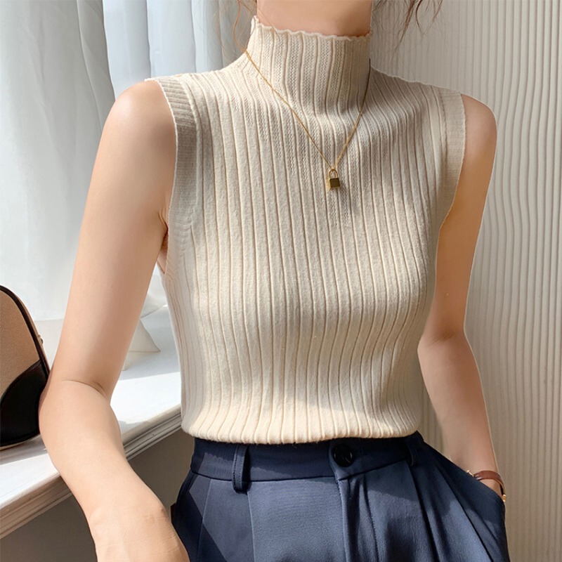 Sleeveless Bottoming Shirt for Women 2025 New Autumn and Winter Half Turtleneck Slim Fit Inner Knitted Camisole Sweater Core-Spun Yarn