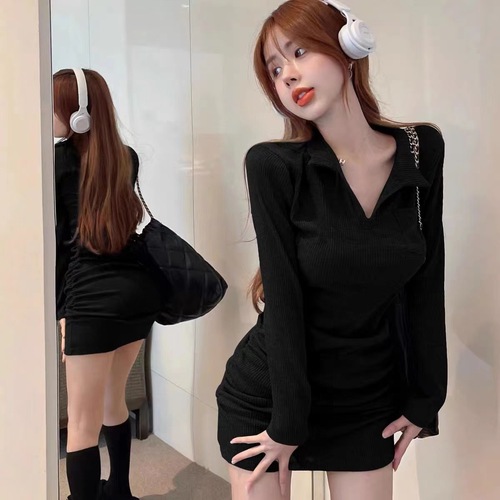 Autumn/Winter Polo Collar Slim Knit Long Sleeve Sexy A-Line Pleated Dress for Women Petite and Elegant