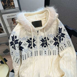 慵懒毛领连帽毛衣雪花秋季宽松费尔岛针织开衫外套上衣新款