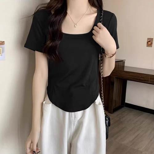 Ins Pure Desire Summer Square Collar Bone Short Sleeve T-Shirt for Women, Fitted Hooded Slimming Casual Base Top for Trendy Women