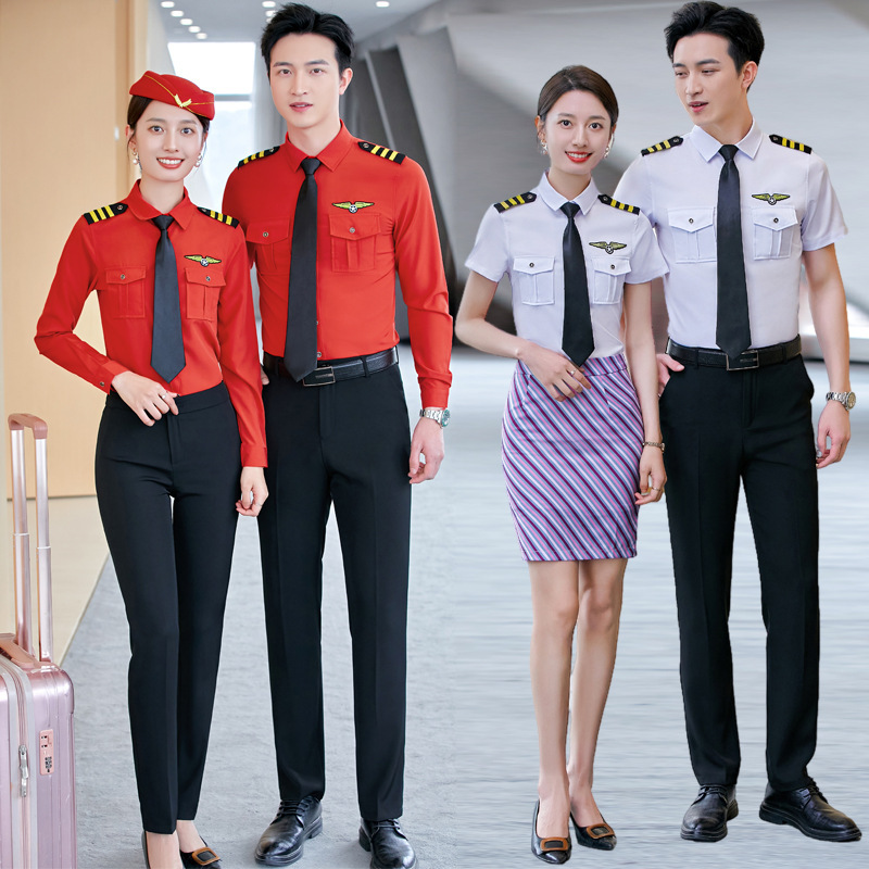 Men's and Women's Red Shirts Aviation Pilots Stewardess Uniforms Airmen's Little Band Performs White Business Shirts