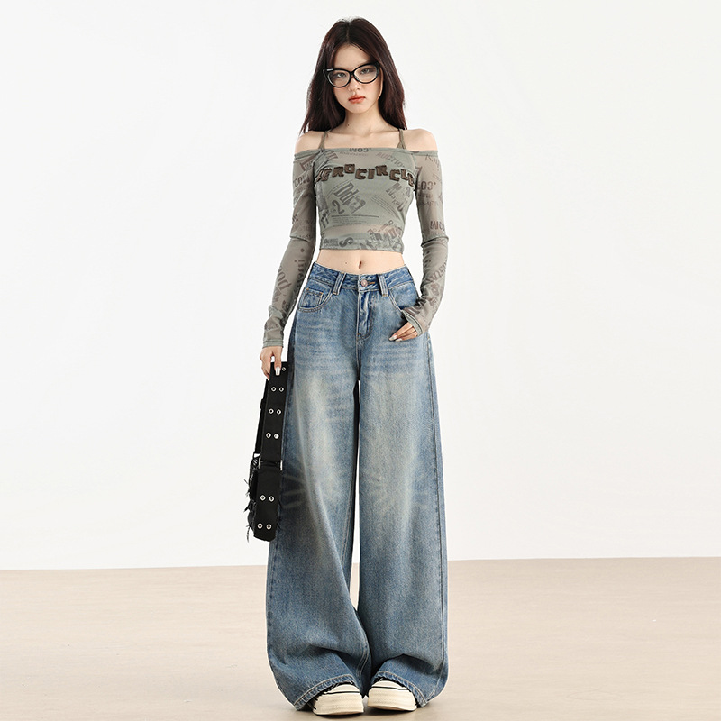 复古浅蓝色慵懒阔腿牛仔裤女春夏2025新款高腰宽松垂感直筒拖地裤