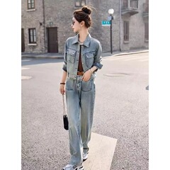 牛仔套装女2025春秋新款洋气时尚休闲潮流上衣宽松显瘦长裤两件套